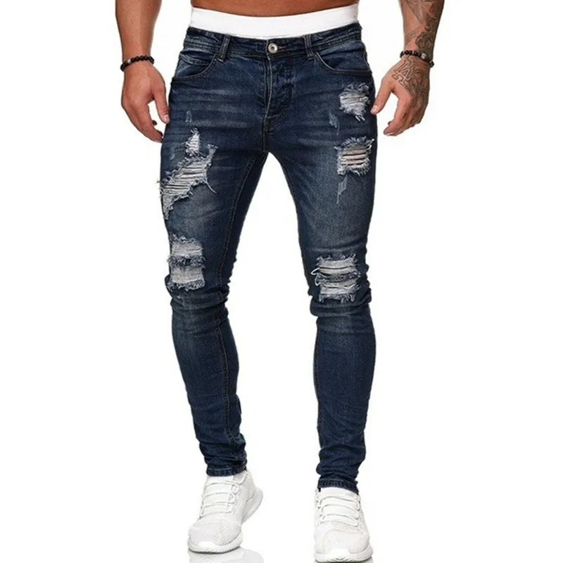 Fashion Street Style Ripped Skinny Jeans für Herren, Vintage-Waschung, unifarbene Denim-Hose, lässige Slim-Fit-Jeans, heiß begehrt