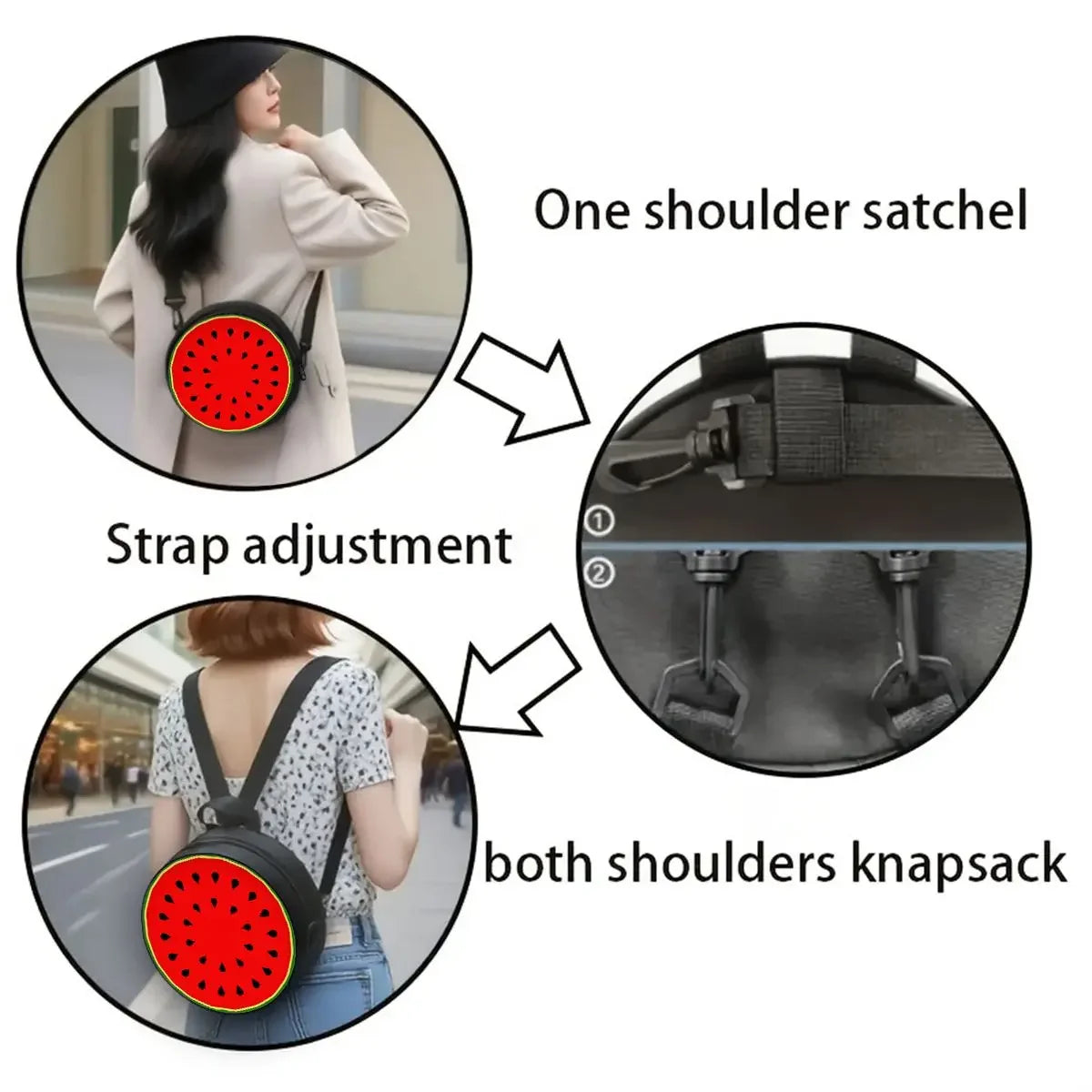 Watermelon Cherry Round Shoulder Bag Fruit Messenger Bag Daily Adjustable Strap Crossbody Bag for Woman Best Gifts 2D Flat