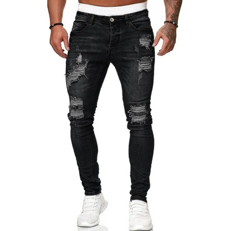 Fashion Street Style Ripped Skinny Jeans für Herren, Vintage-Waschung, unifarbene Denim-Hose, lässige Slim-Fit-Jeans, heiß begehrt
