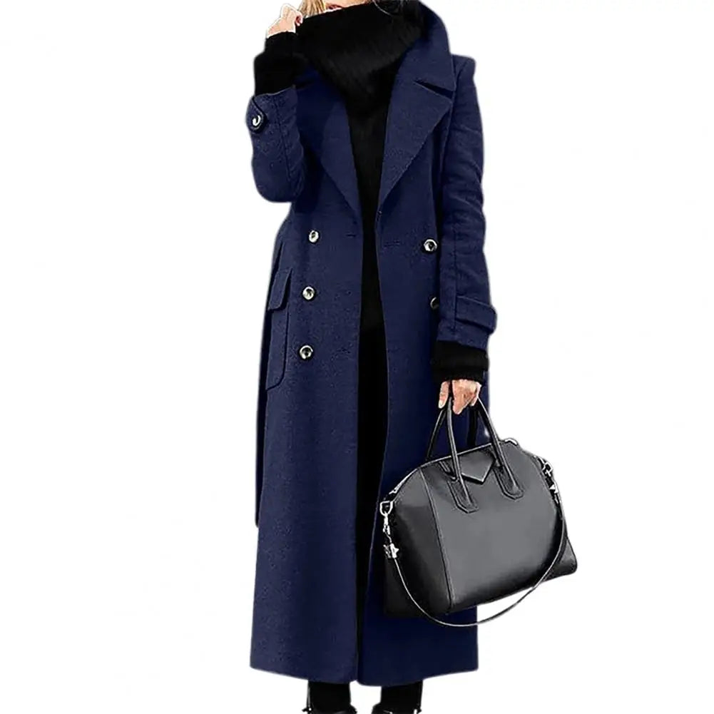 Manteau Long Femme Double Boutonnage – Col Rabattu, Coupe Slim, Poches