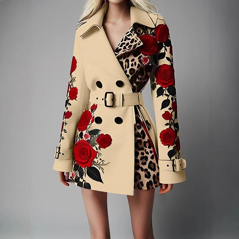 Women's Chic Trench Coat Red Rose Leopard Print Double Breasted Belted Lapel Long Sleeve Casual Outerwear Winter Female Jackets