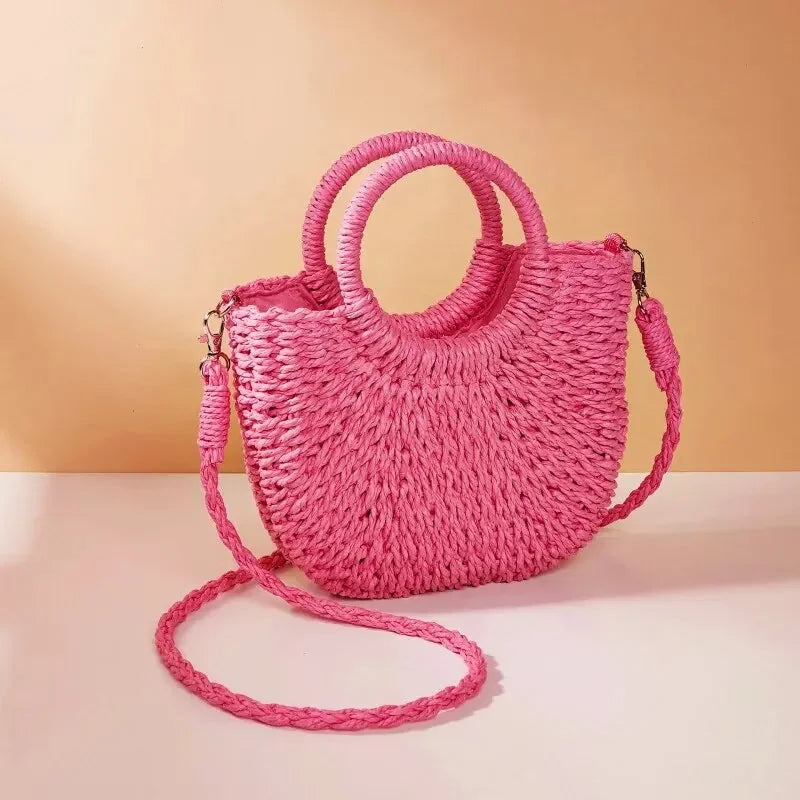 Sac de Plage en Paille Tressée Demi-Lune – Grande Capacité, Bandoulière & Épaule