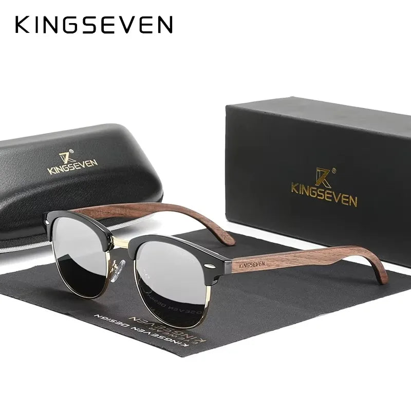 Lunettes de Soleil KINGSEVEN Bois Noyer Rondes Polarisées UV400 – Homme & Femme