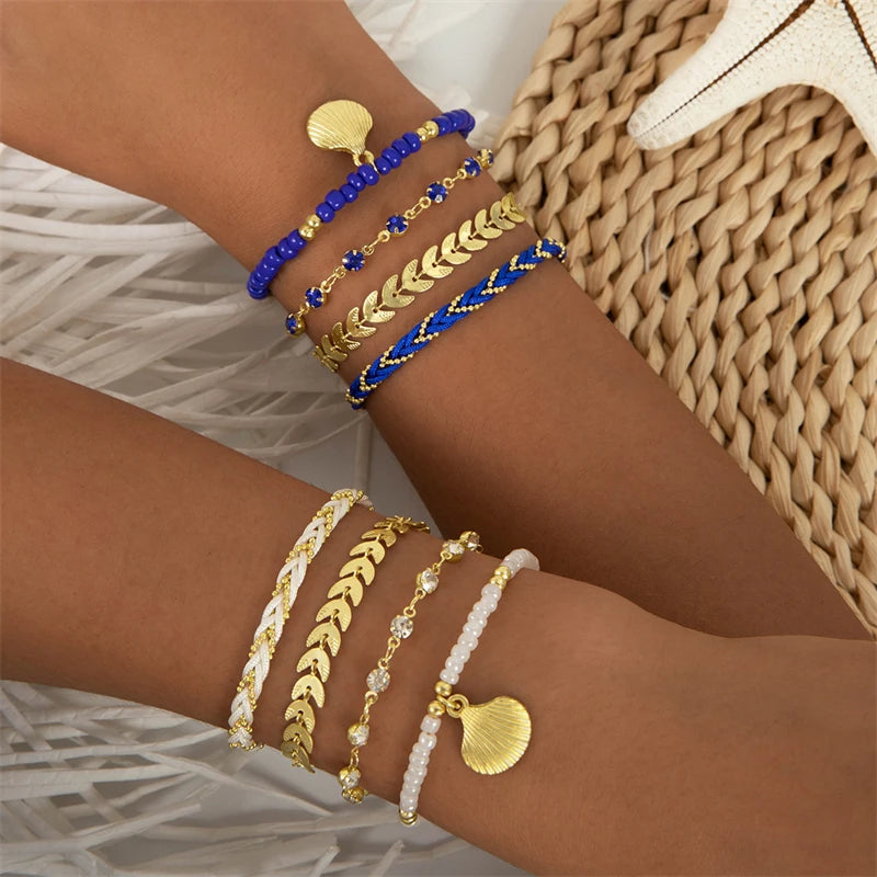 Lot de 4 Bracelets Bohème Coquillage Femme – Perles Zircon Colorées & Chaîne Métal, Bijoux Plage Été