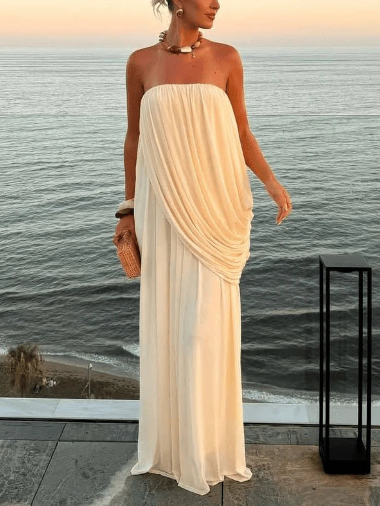 CHNMR Robe Maxi Plissée Sans Bretelles Femme – Dos Nu, Fluide, Plage & Soirée | Été 2026