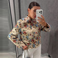 Veste Femme Col Montant à Fleurs – Epaulettes, Boutonnage Simple, Imprimé Vintage, Automne-Hiver 2026