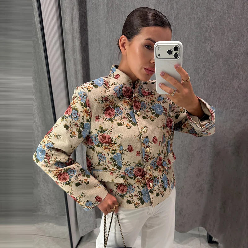Veste Femme Col Montant à Fleurs – Epaulettes, Boutonnage Simple, Imprimé Vintage, Automne-Hiver 2026