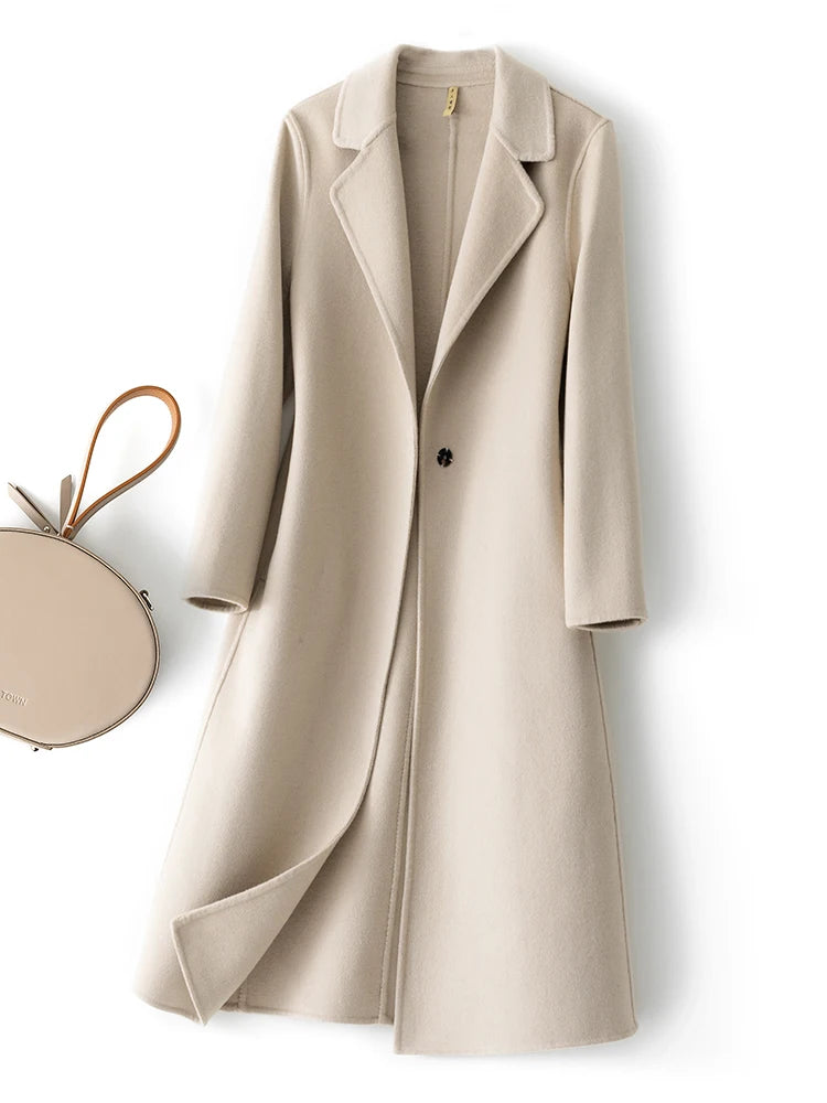 Fashionable Simple Women's Coat Autumn and Winter New One Button 100% Pure Wool Reversible Woolen Coat Long Wild Women's Top