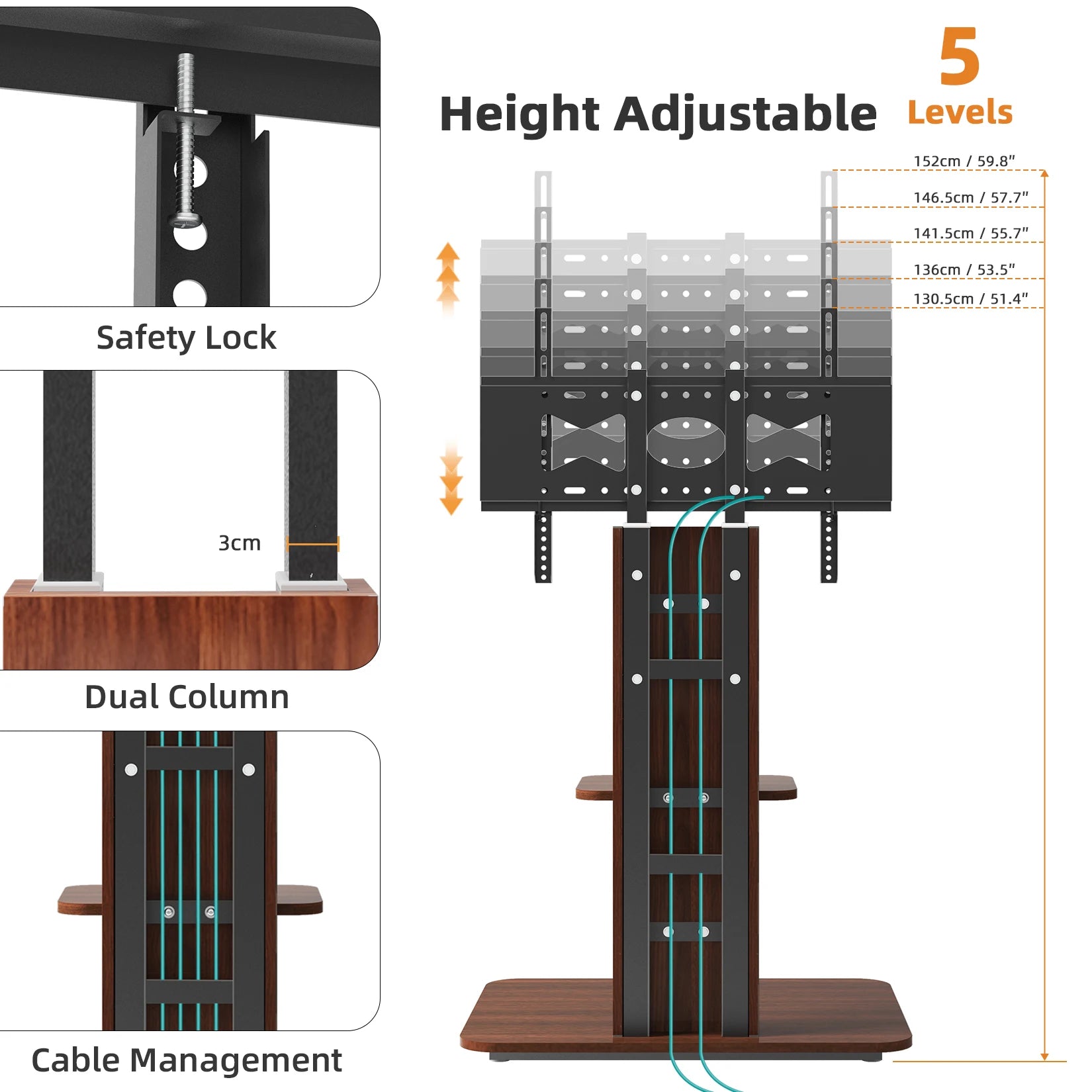 Support TV Sol Universel Unho – Hauteur Réglable | TV 32-65" | VESA 400x600 | Métal + Bois | 40 kg
