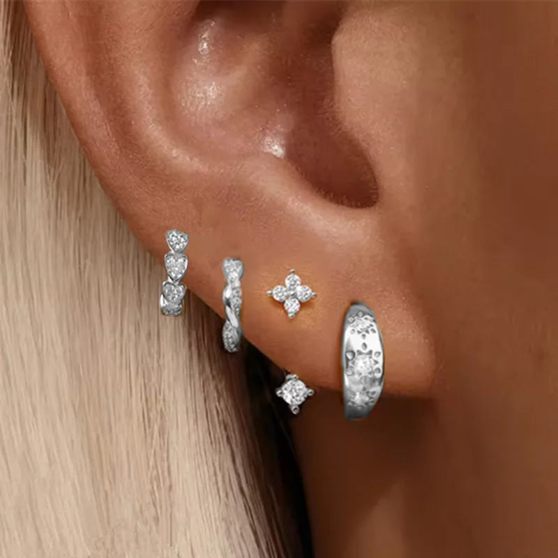 Lot de 4 Boucles d'Oreilles Créoles Zirconia – Étoile & Fleur, Acier Inoxydable, Femme
