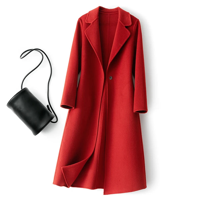 Modischer, einfacher Damenmantel Herbst und Winter Neu Ein-Knopf 100% reine Wolle Wendbarer Wollmantel Langer wilder Damen-Oberteil