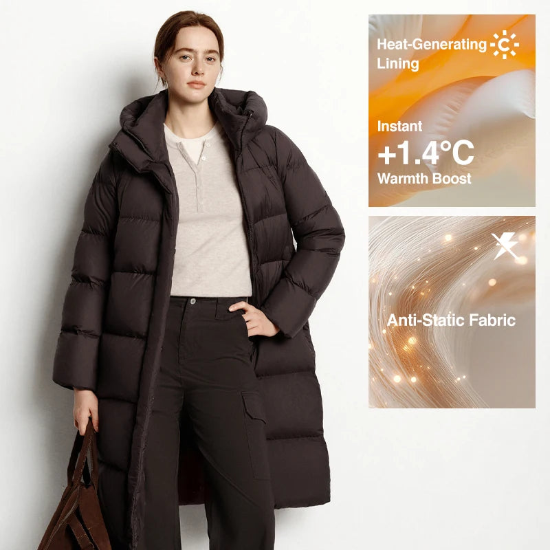 Doudoune Longue Femme Imperméable à Capuche – Duvet de Canard 90%, Coupe Ample, Hiver 2025