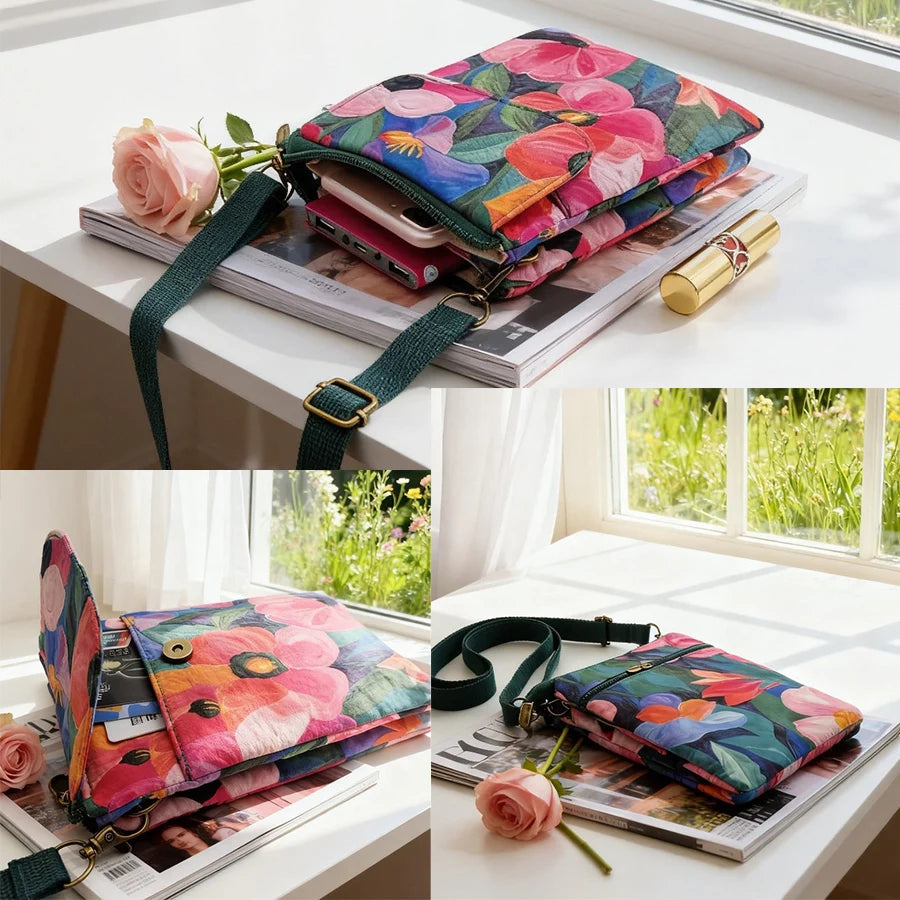 Versatile Print New Oil Painting Series 5-Layer Crossbody Phone Bag Rustic Fabric Women's Handbag Lightweight and Easy-to-Match