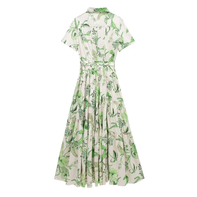 Robe Florale Verte Femme – Manches Courtes & Ceinture Nouée | Style Casual Été 2026