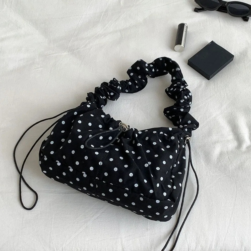 Versatile Polka Dot Underarm Bag Korean Style Large Capacity Drawstring Shoulder Bag Lightweight Clutch Purse