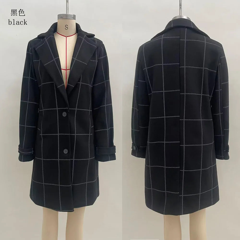 Manteau Mi-Long Femme À Carreaux – Mélange Laine, Coupe Ample, Poches | Hiver