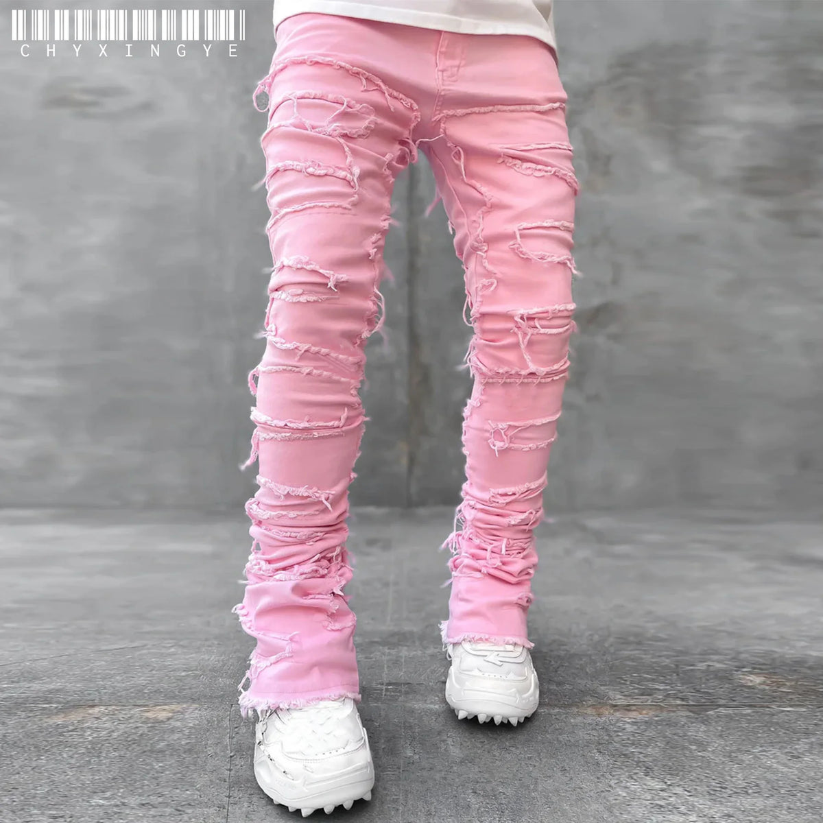 Jean Slim Stacked Homme Ripped Distressed Hip-Hop Streetwear 9 Coloris S-XXL