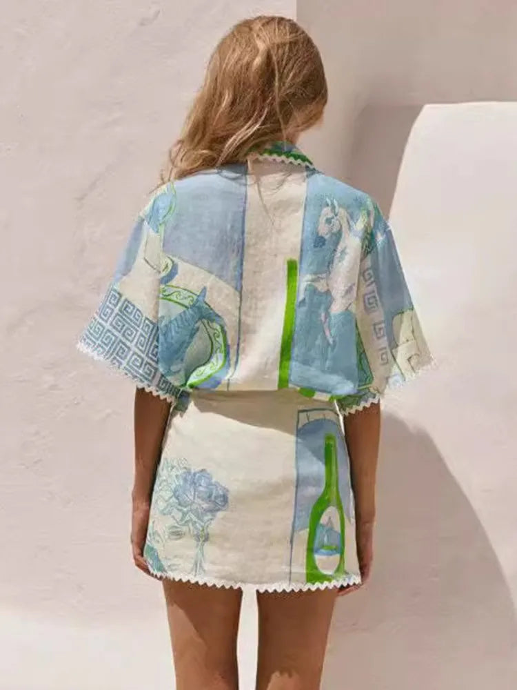 Ensemble 2 Pièces à Volants Imprimés – Tops Boutonné & Mini Jupe Femme | Été Casual
