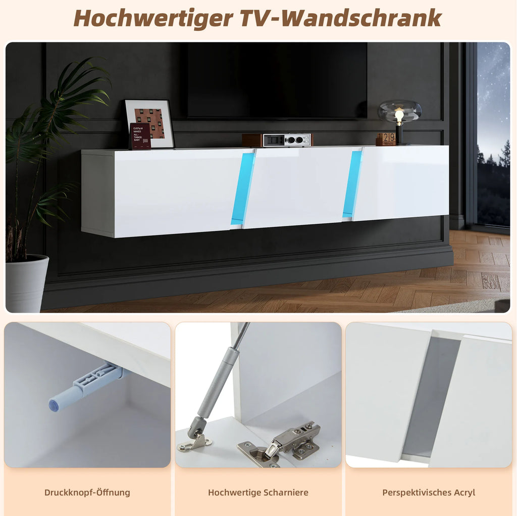 Meuble TV Mural 180x35x30 cm Blanc Haute Brillance – LED App | 3 Portes Soft-Close | Acrylique | TV 75"