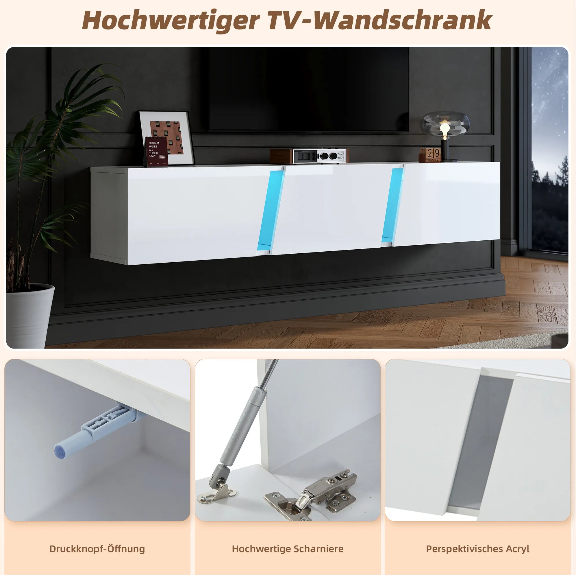 Meuble TV Mural 180x35x30 cm Blanc Haute Brillance – LED App | 3 Portes Soft-Close | Acrylique | TV 75"