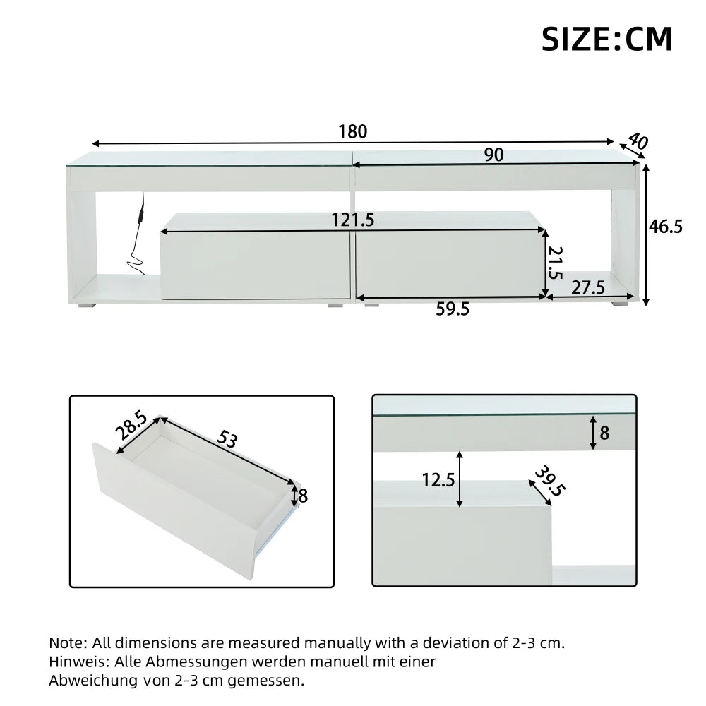 Meuble TV LED Haute Brillance 180x40x46 cm – Verre Trempé | 2 Tiroirs | TV 70" | Blanc ou Noir