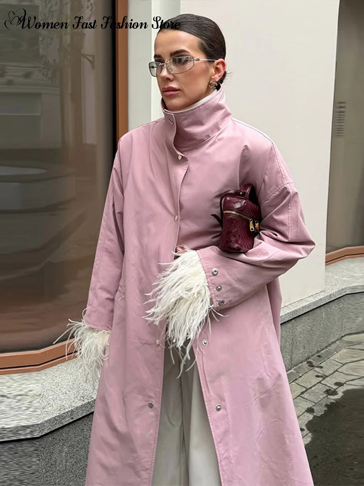 High Street Stand Collar Long Windbreakers 2026 Autumn New Ladies Solid Single-breasted Full Sleeve Trench Coat Women's Outwear