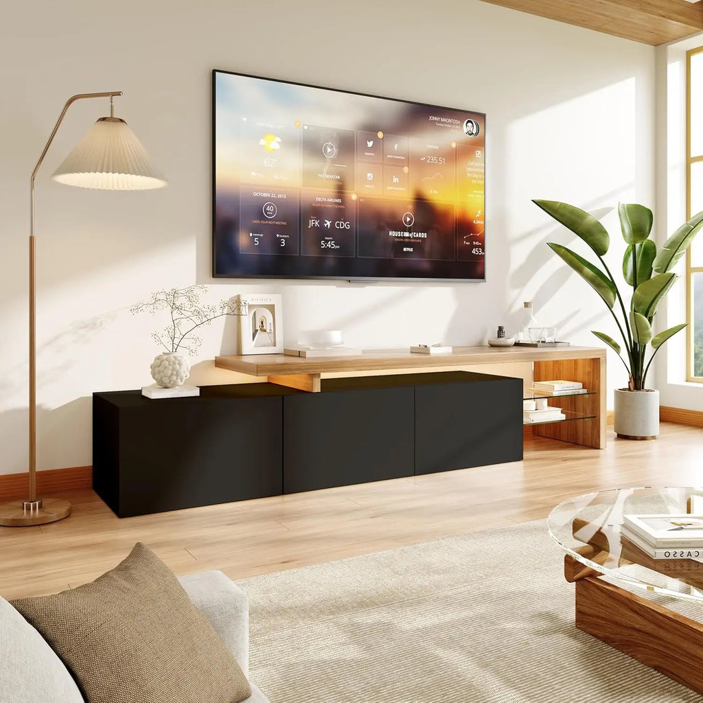 Meuble TV Simurq 240x38x44 cm – 3 Portes | Étagères Verre | 75 kg | Style Scandinave | Blanc ou Noir