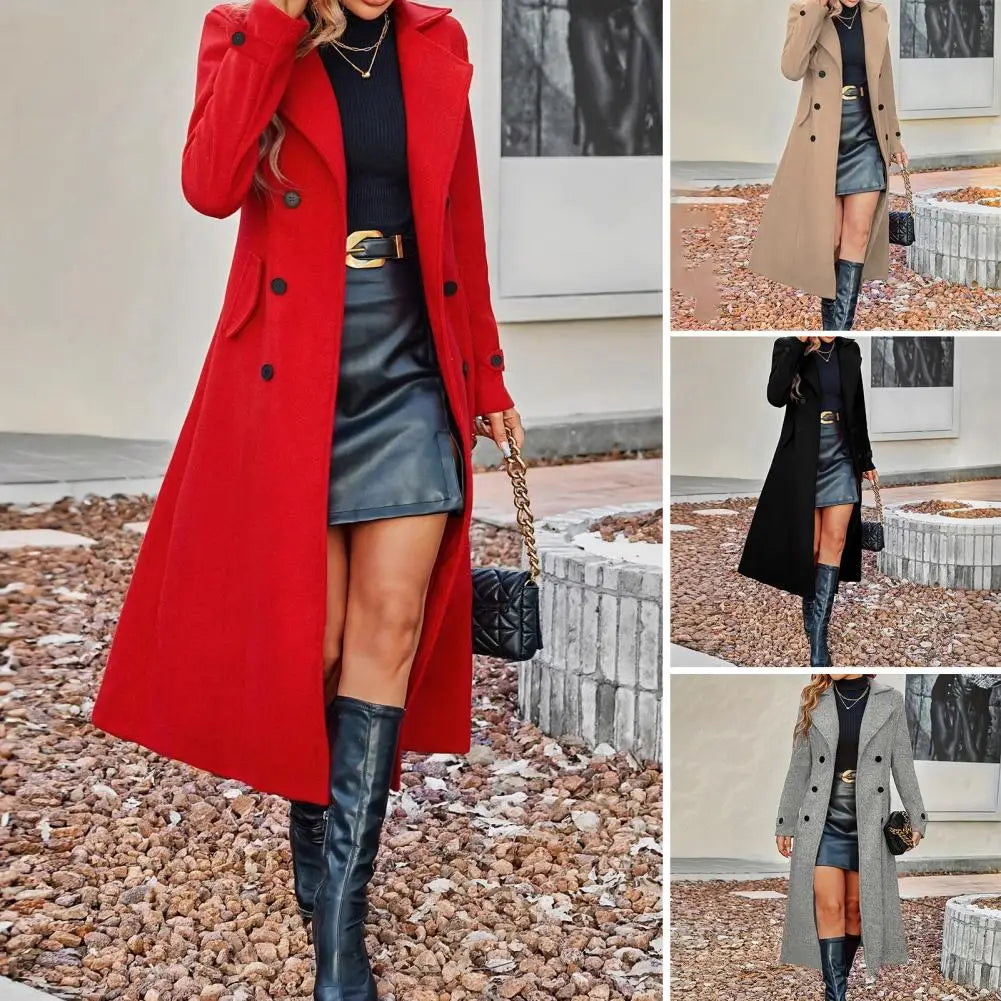 Manteau Long en Laine Femme – Double Boutonnage à Col Cranté, Coupe Cintrée Hiver