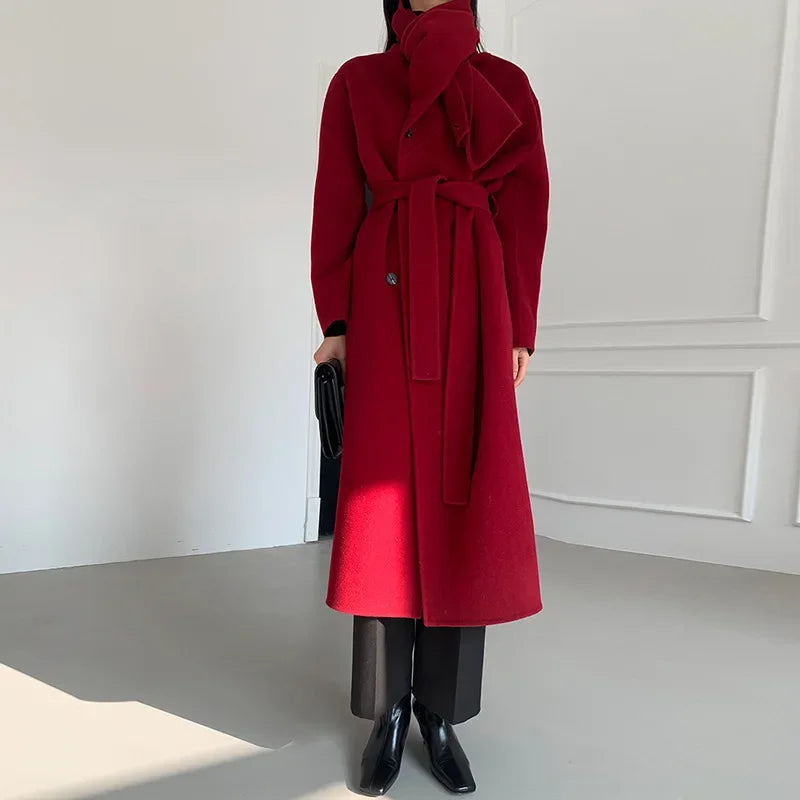 Manteau en Laine Cachemire Cousu Main – Col Écharpe, Coupe Ample, Mi-Long
