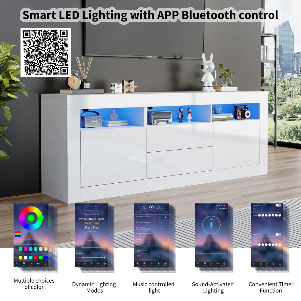 Meuble TV Haute Brillance LED 160x35x60 cm – 3 Niches | 2 Portes | 2 Tiroirs | TV 70" | App Bluetooth