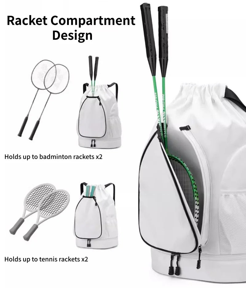 Lightweight Badminton Tennis Racket Backpack Holds 2 Rackets Drawstring Sports Bag Large Capacity With Shoes Compartment Bags