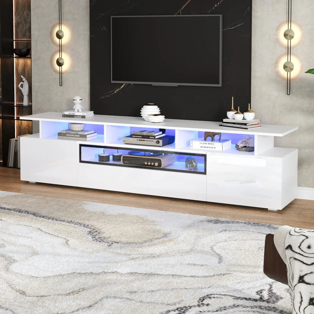 Meuble TV Haute Brillance 180x38x45 cm – LED App | 2 Armoires + 1 Tiroir | Acrylique | TV 75"