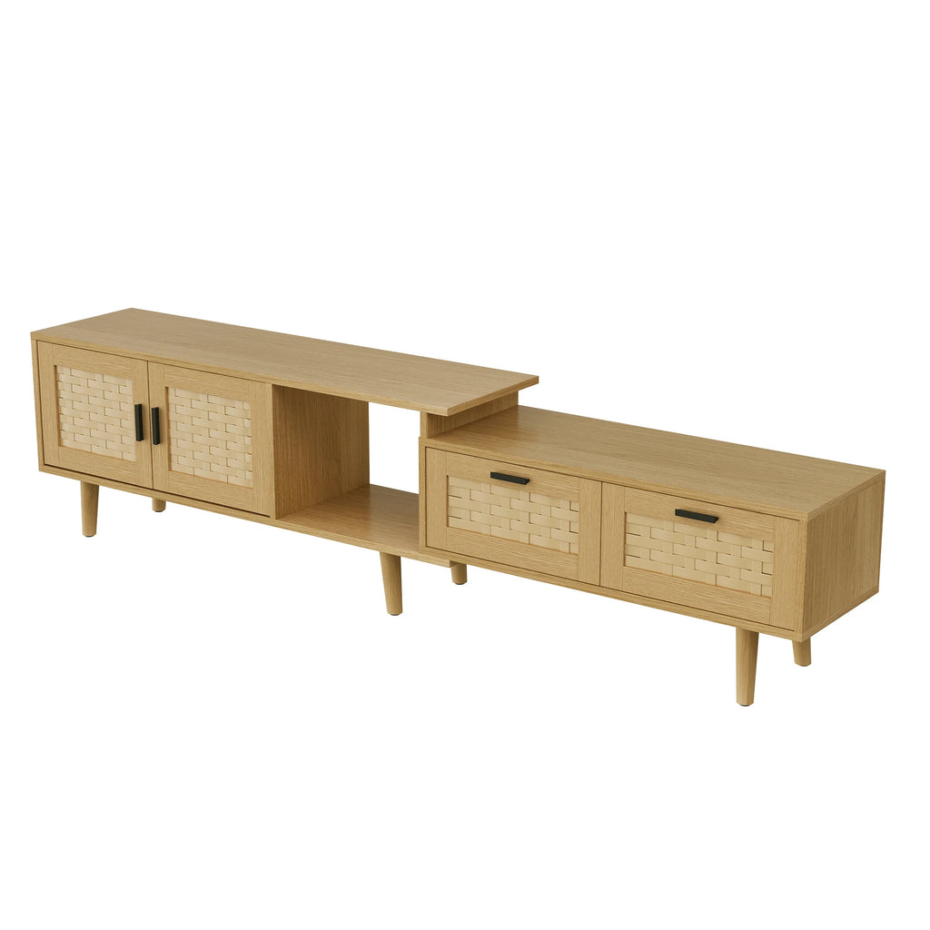 Meuble TV Extensible 146-180 cm – 2 Tiroirs & Portes Rotin | Bois Massif Salon