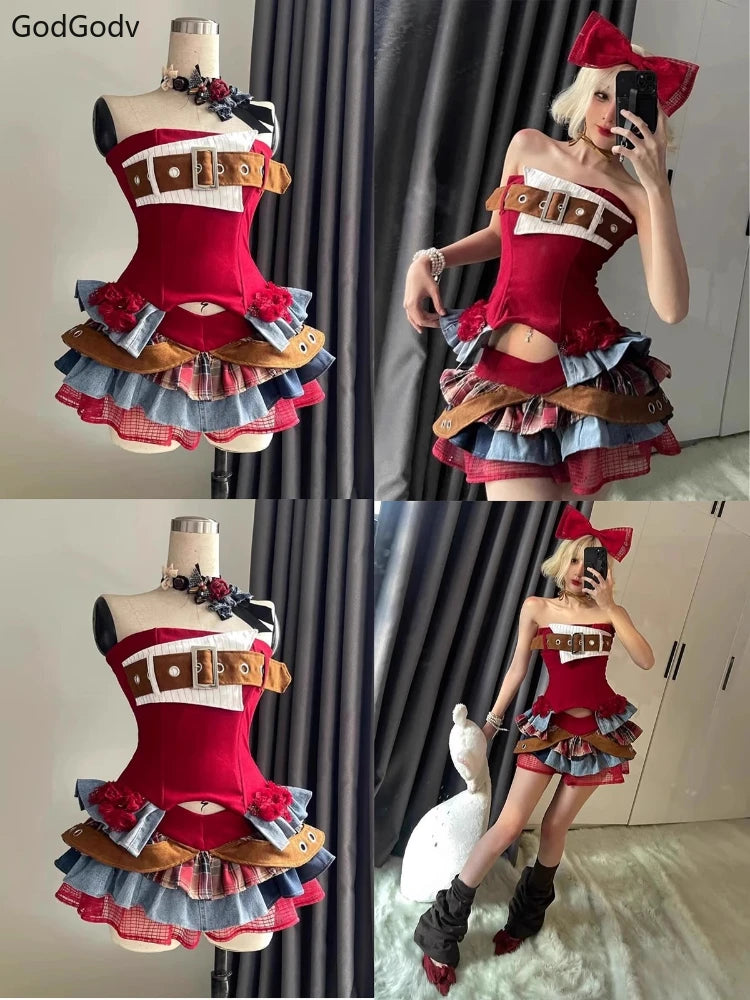 Ensemble 2 Pièces Femme Y2K Gothique – Top Bustier Sans Bretelles & Mini Jupe À Volants Taille Haute