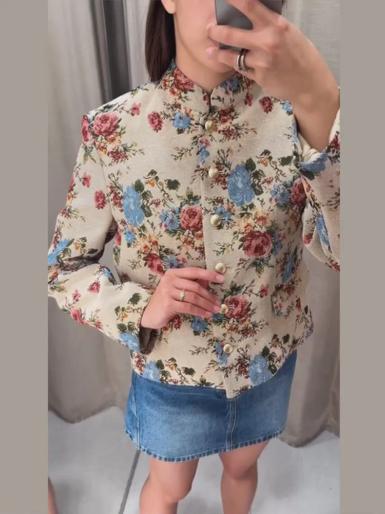Veste Femme Col Montant à Fleurs – Epaulettes, Boutonnage Simple, Imprimé Vintage, Automne-Hiver 2026