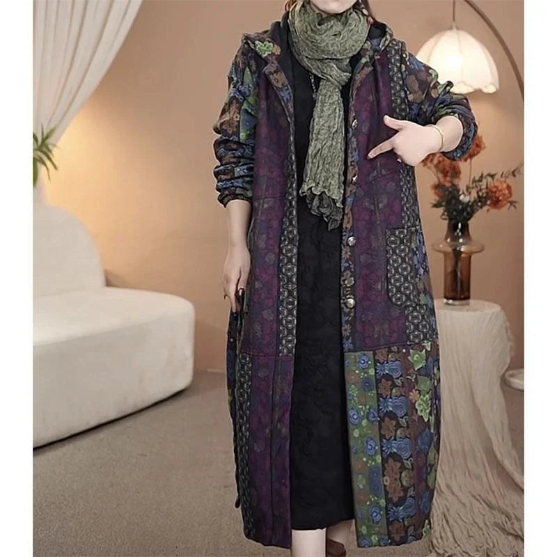 Women's Trench Coat Cotton Linen Hooded Loose Long Thick Autumn Winter Plus Velvet Windbreaker 2026 New Warm Printed Outerwear