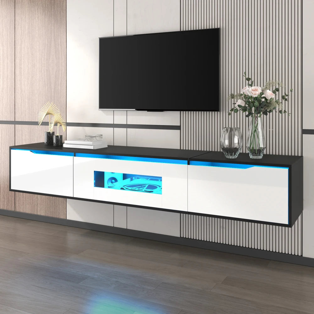 Meuble TV Haute Brillance 180x35x30 cm – LED 16 Couleurs USB | Mural ou Sol | Noir & Blanc | 60 kg
