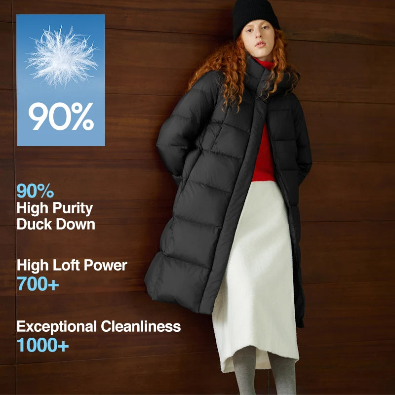 Doudoune Longue Femme Imperméable à Capuche – Duvet de Canard 90%, Coupe Ample, Hiver 2025