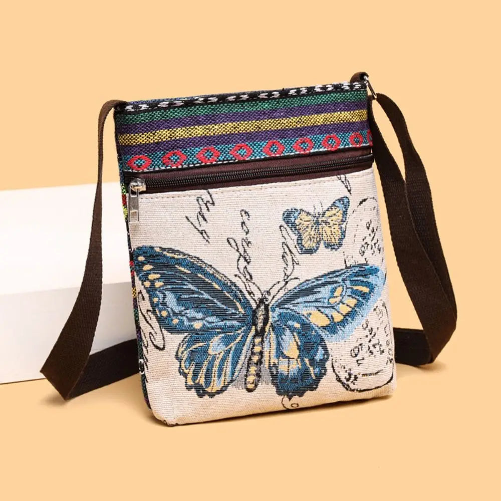 Women Square Small Canvas Embroidered Phone Shoulder Bag Retro Ethnic Style Travel Outdoor Messenger Crossbody Bag Handbags ﻿
