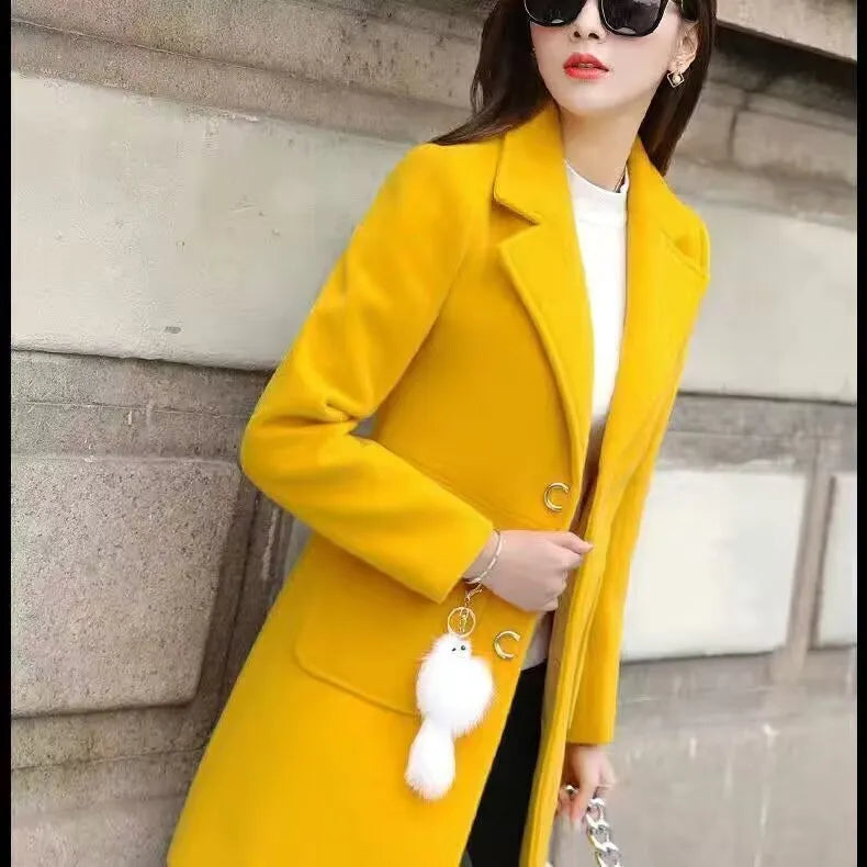 Manteau Long en Laine Femme – Col Tailleur, Coupe Ajustée, Style Automne-Hiver