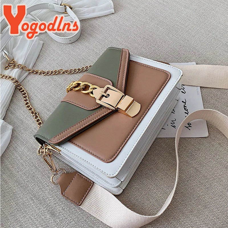 Sac Bandoulière Femme Yogodlns – Cuir PU Bicolore, Chaîne Dorée, Style Mode Été