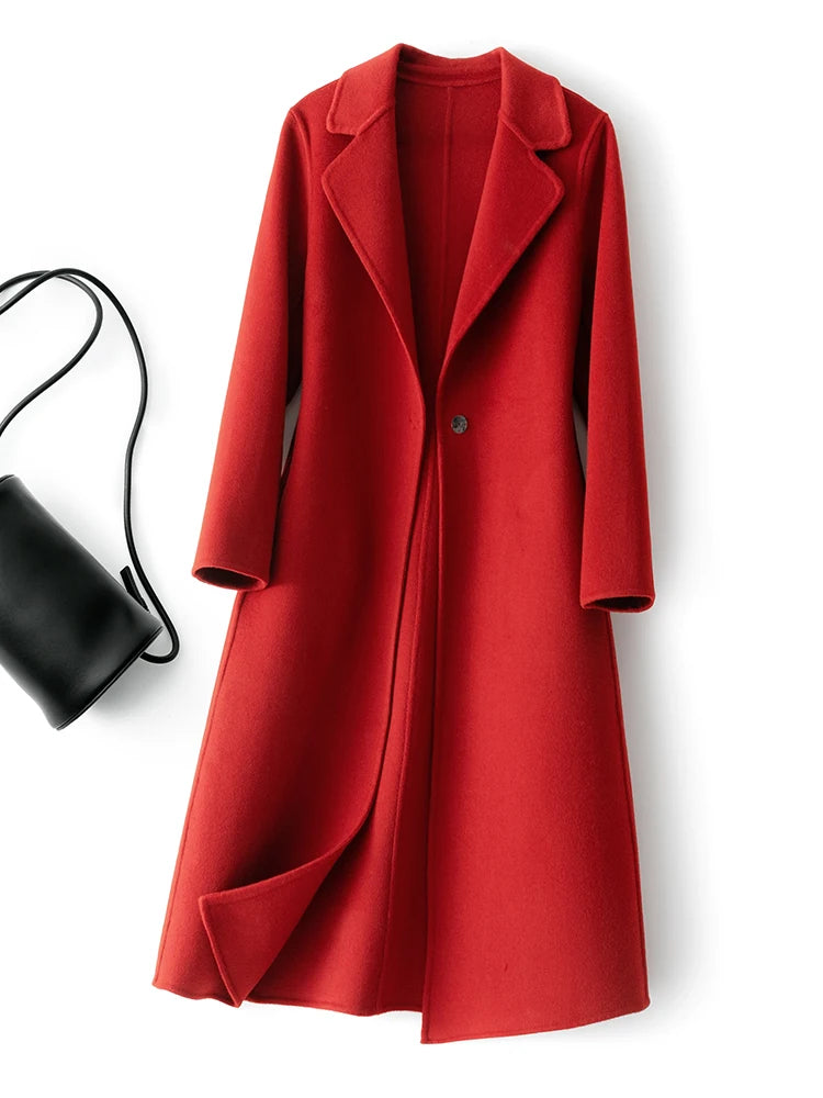 Fashionable Simple Women's Coat Autumn and Winter New One Button 100% Pure Wool Reversible Woolen Coat Long Wild Women's Top