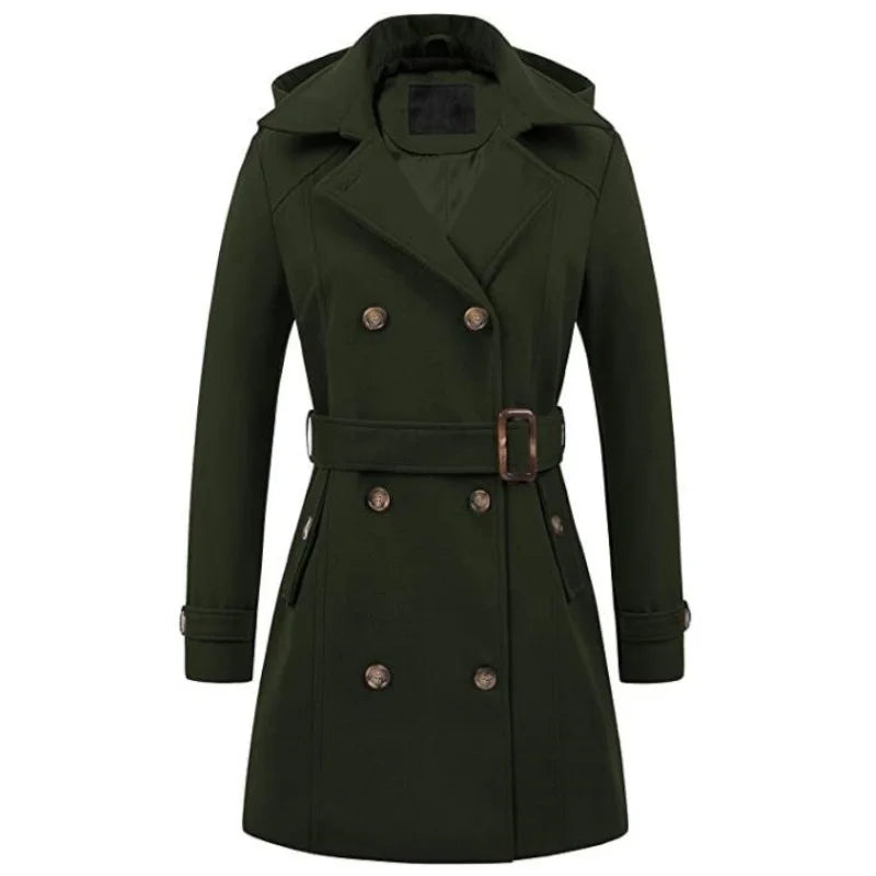 Damen-Midimantel mit Kapuze – Zweireihige Jacke in Wolloptik, Streetwear-Winterstil