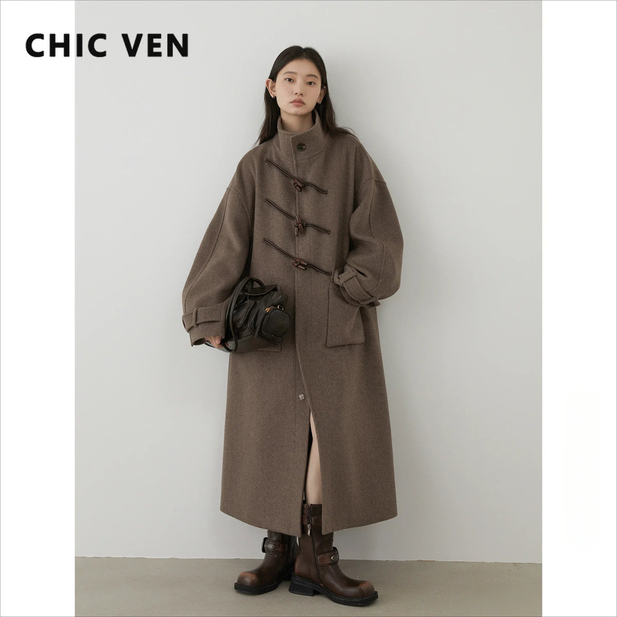 Manteau Long en Laine Femme CHIC VEN – Col Montant, Boutons Corne de Vache, Coupe Ample