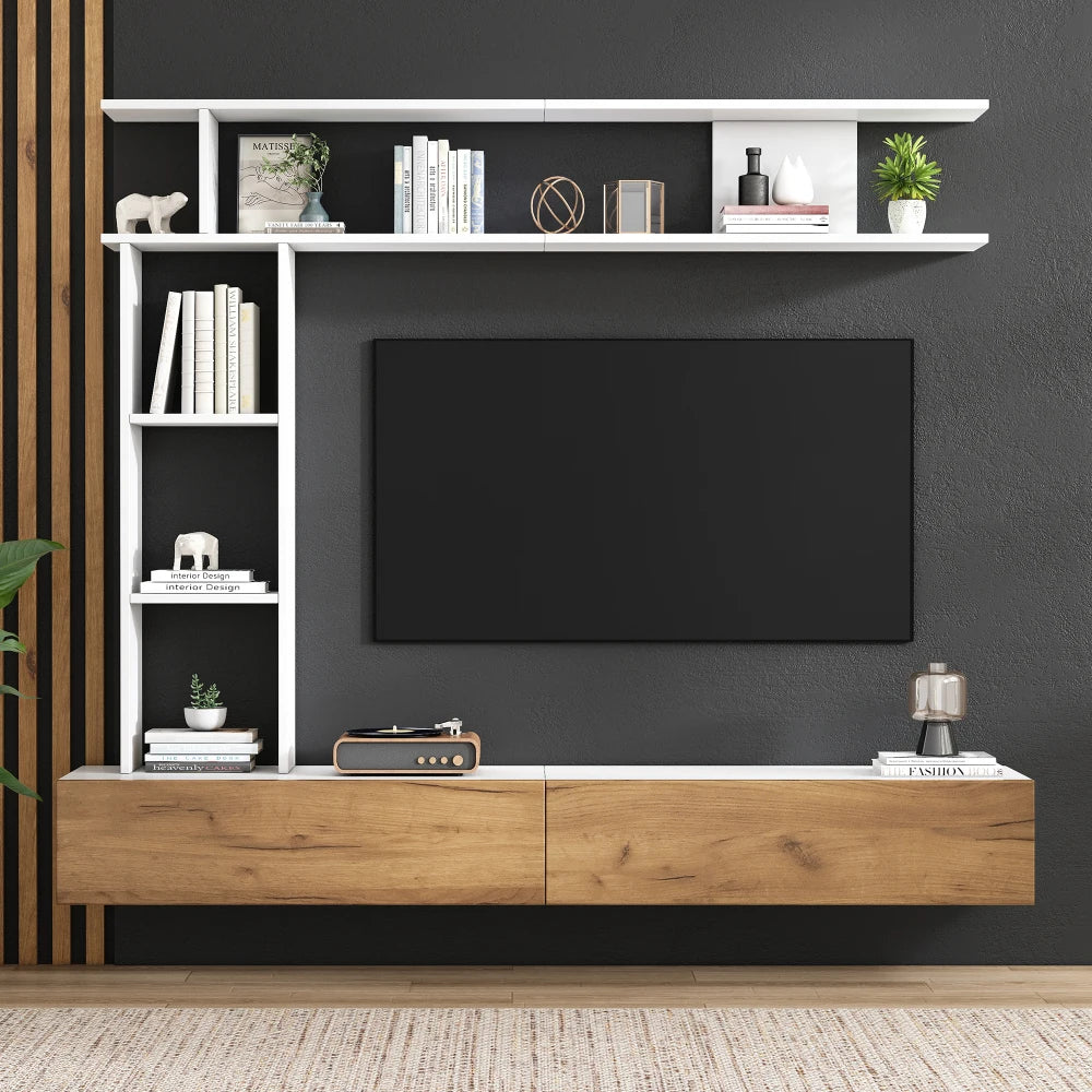 Ensemble Mural TV 3 Pièces 180x35x22,5 cm – Meuble TV + Étagère Verticale + Étagère Horizontale | Blanc & Chêne
