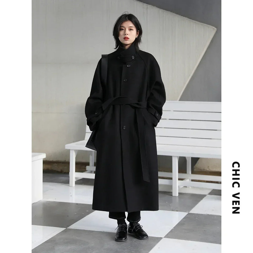 Long Manteau Trench en Laine Femme – Col Montant, Ceinture Lacets, Manches Raglan