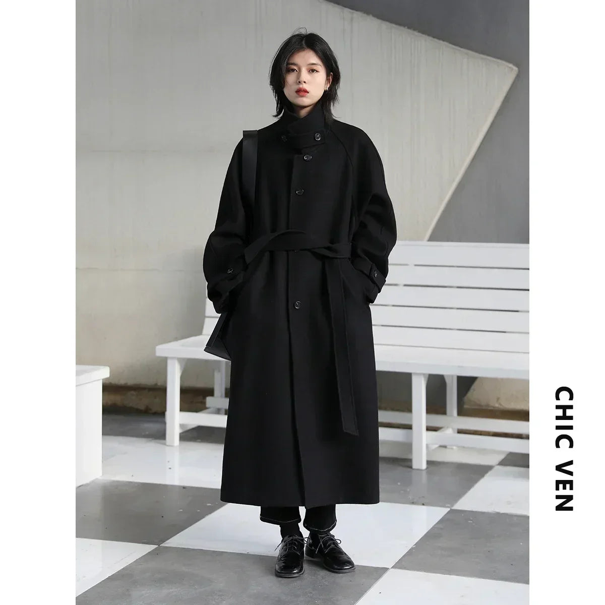 Long Manteau Trench en Laine Femme – Col Montant, Ceinture Lacets, Manches Raglan