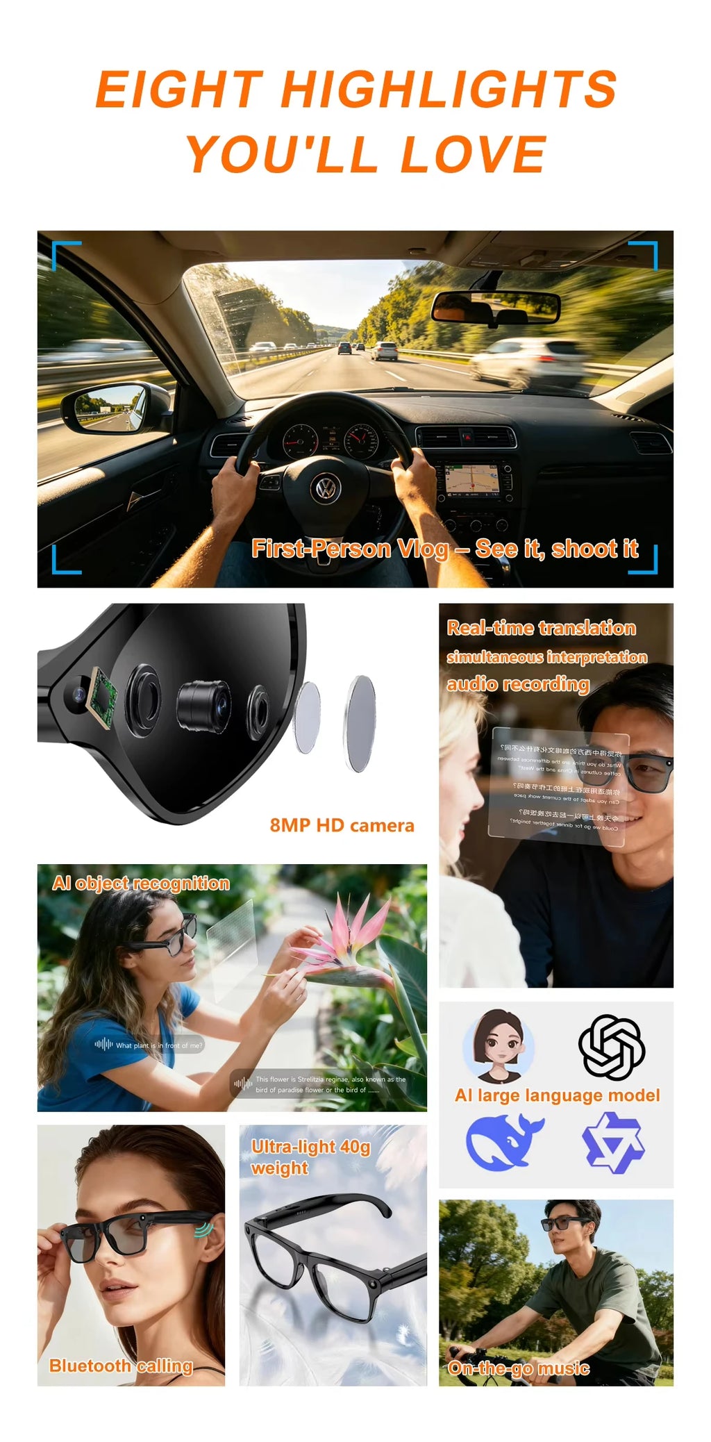 Lenovo Upgrade Smart AI Glasses 800W HD 8K Shooting Camera Photo Video Voice Call Translation Bluetooth AI Smart Glasses