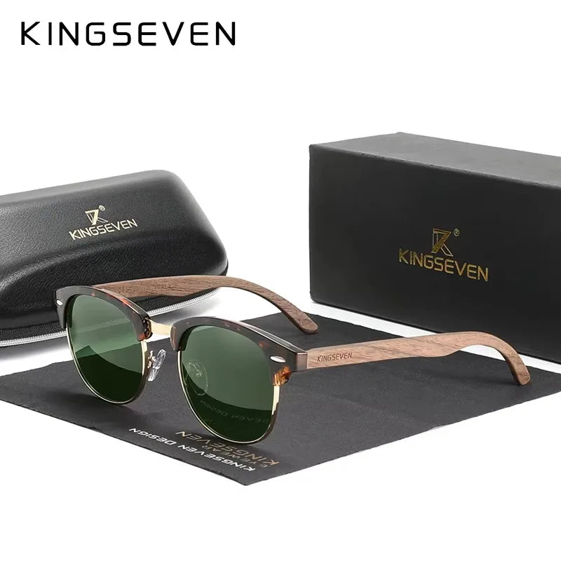 Lunettes de Soleil KINGSEVEN Bois Noyer Rondes Polarisées UV400 – Homme & Femme
