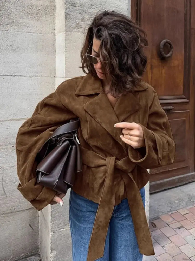 Veste Bomber Femme HKOX Suède Vintage – Ceinture | Double Boutonnage | Col Rabattu | Oversize | Marron | S-L